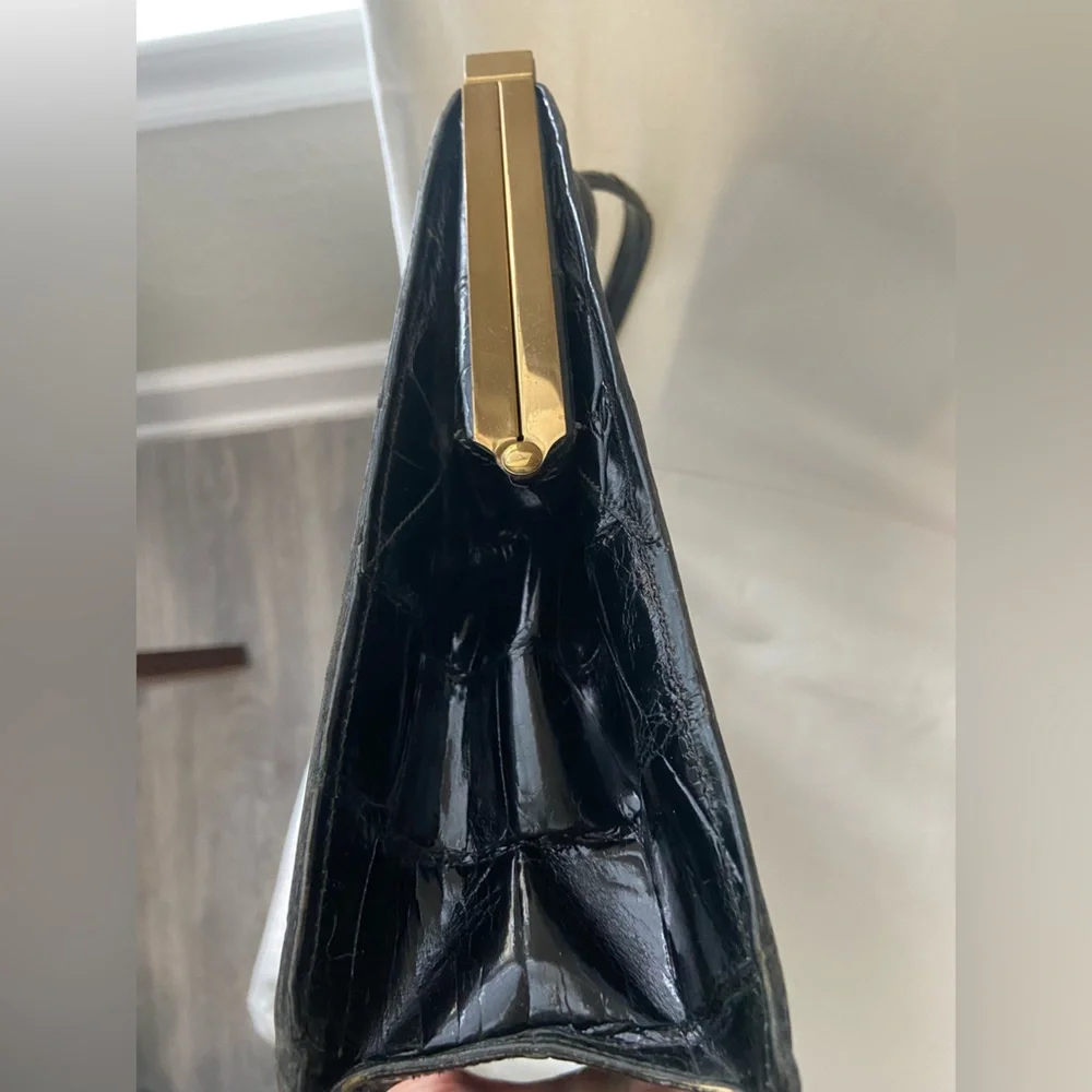 Vintage Deauville Black Crocodile Skin Leather Handbag With Two Handles - Picture 14 of 16